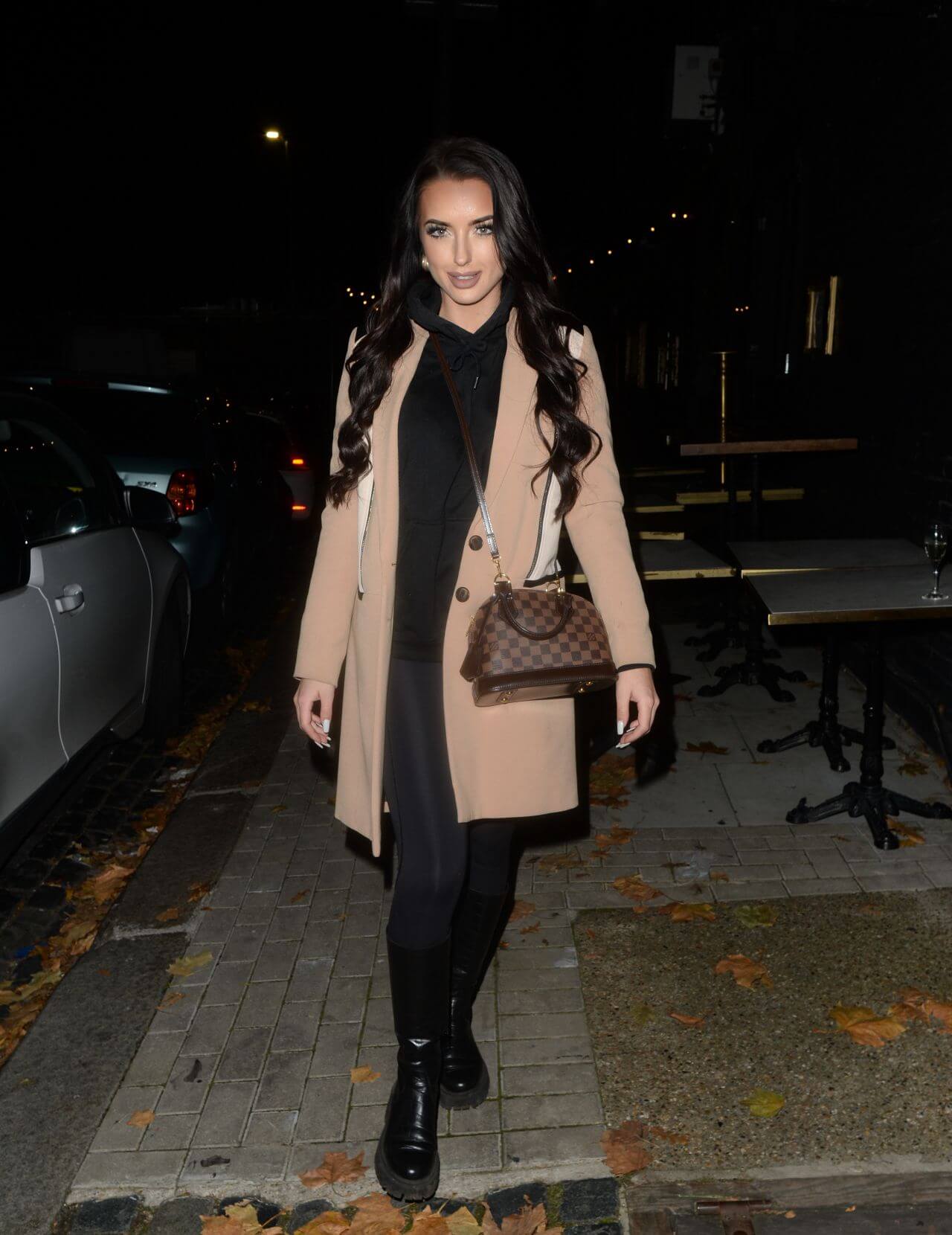 Amy Day  In Black Shirt & Pants With Brown Long Coat At Head to Battersea Park Firework Display