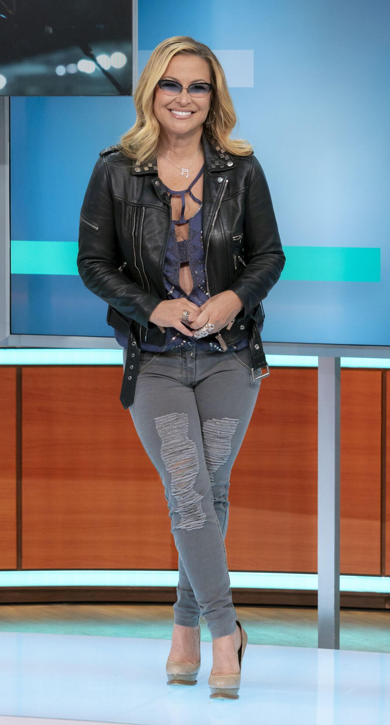 Anastacia In Blue Cut Out Top & Grey Damage Jeans With Leather Jacket At Good Morning Britain TV Show in London