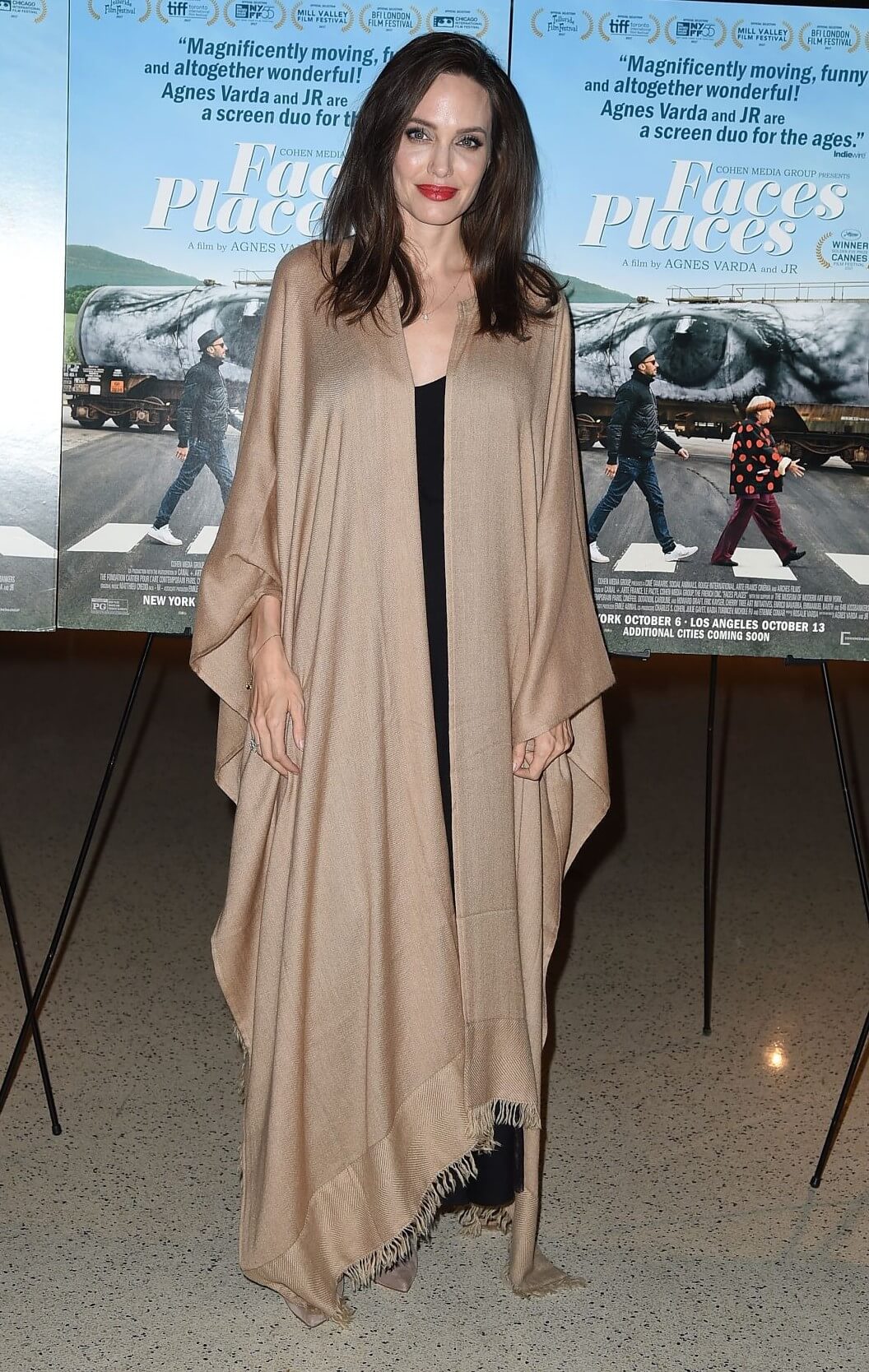 Angelina Jolie In Beige Plaid Shawl Outfits At “Faces Place” Premiere in West Hollywood