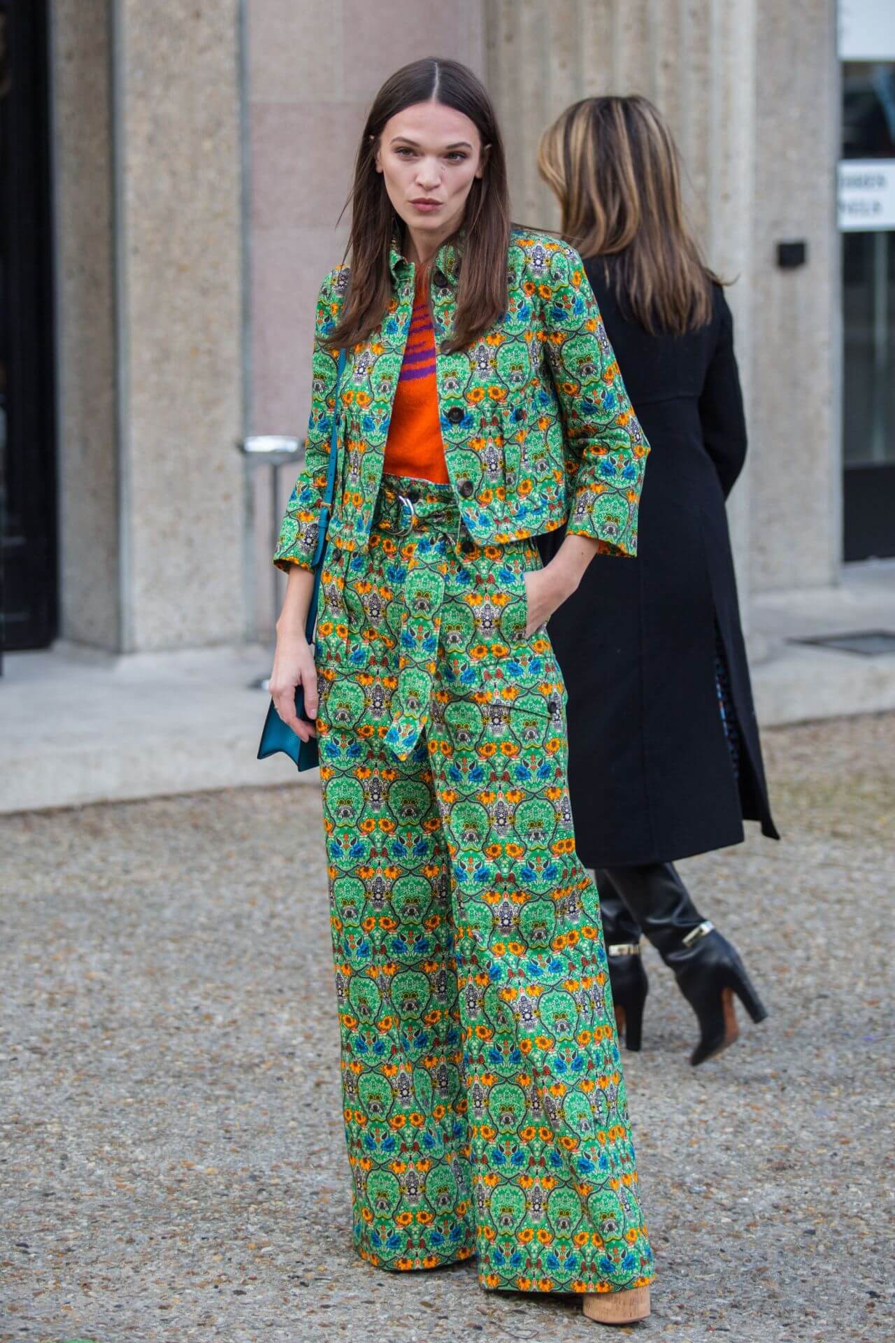 Anna Brewster In Green Multicolor Printed Coat With Pants  At Miu Miu Show In Paris Fashion Week