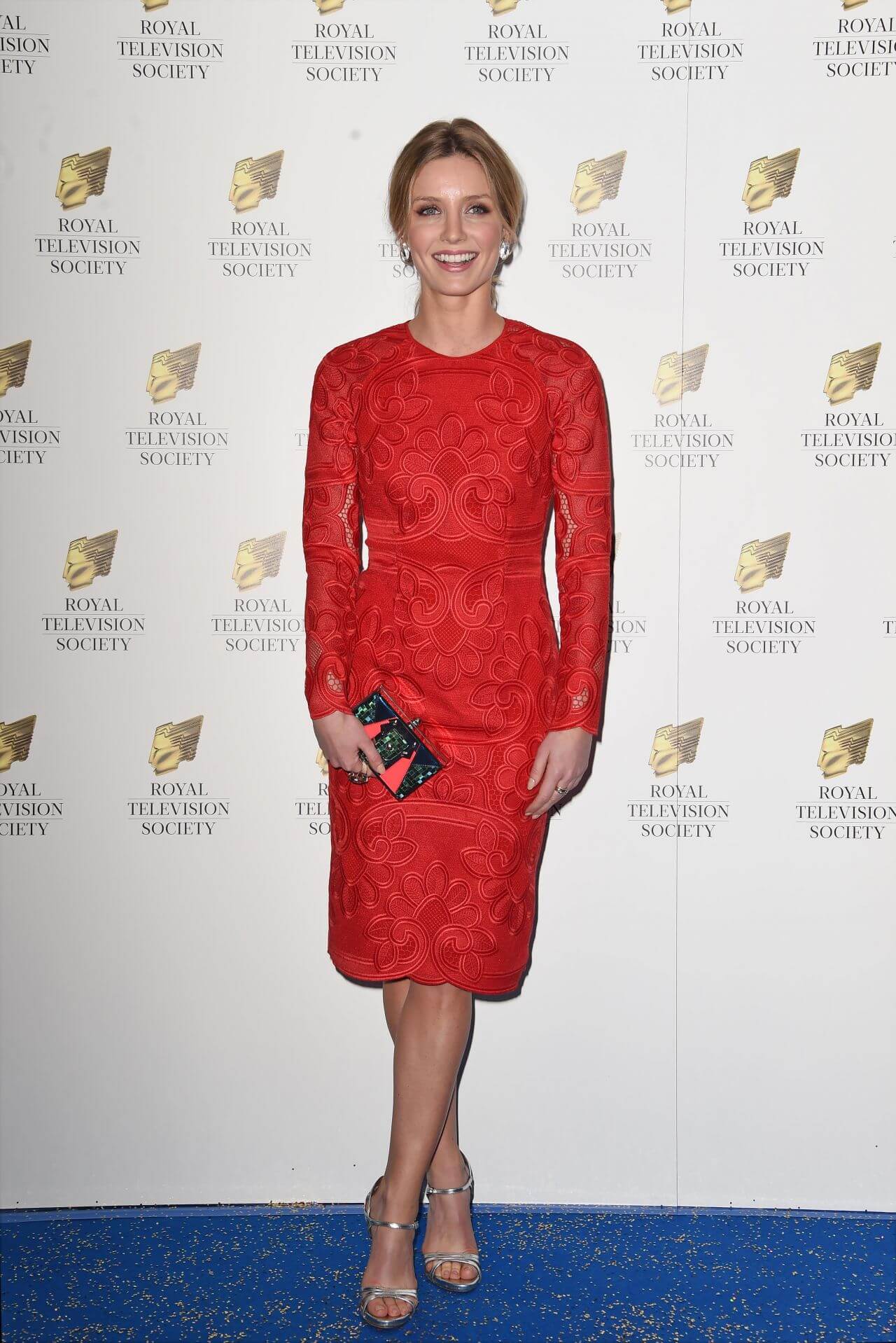 Annabelle Wallis  In Red Embroidery Full Sleeves Bodycon Dress At Royal Television Society Programme Awards in London