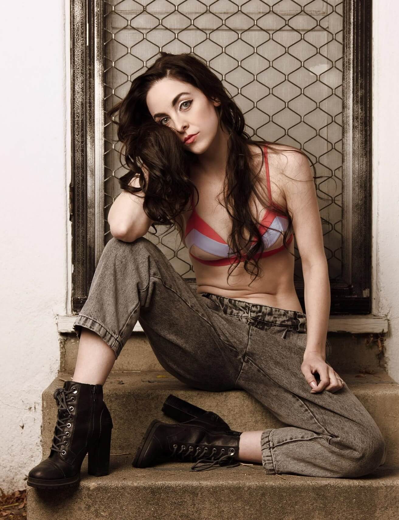 Brittany Curran In Red & White Stripped Bralette Top With Denim Jeans