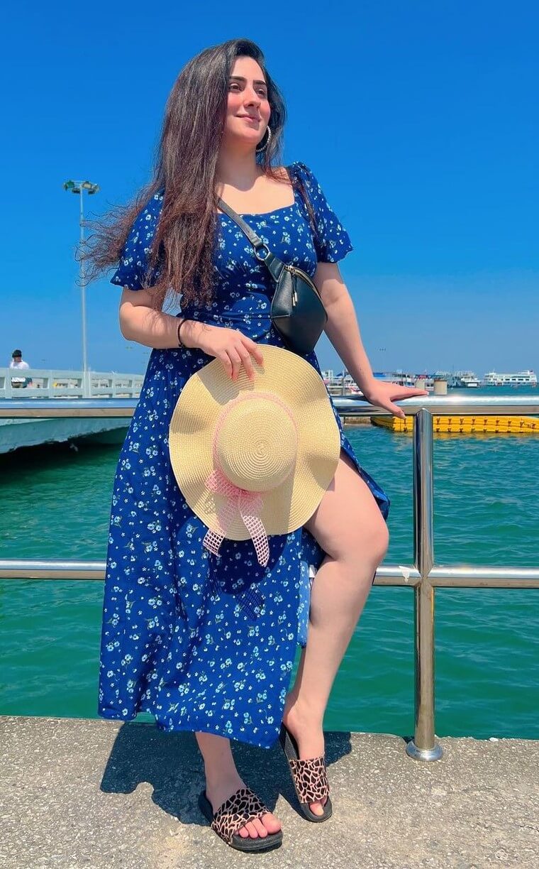 Diana Khan Perfect Beach Vacation Vibes In Blue Floral Print Dress With Hat