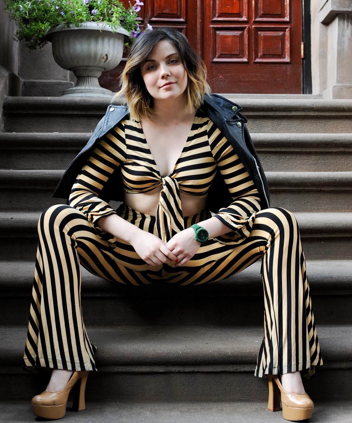 Gracie Gillam In Yellow& Black Stripped Lining Crop Top  & Flare Pants With Denim Jacket