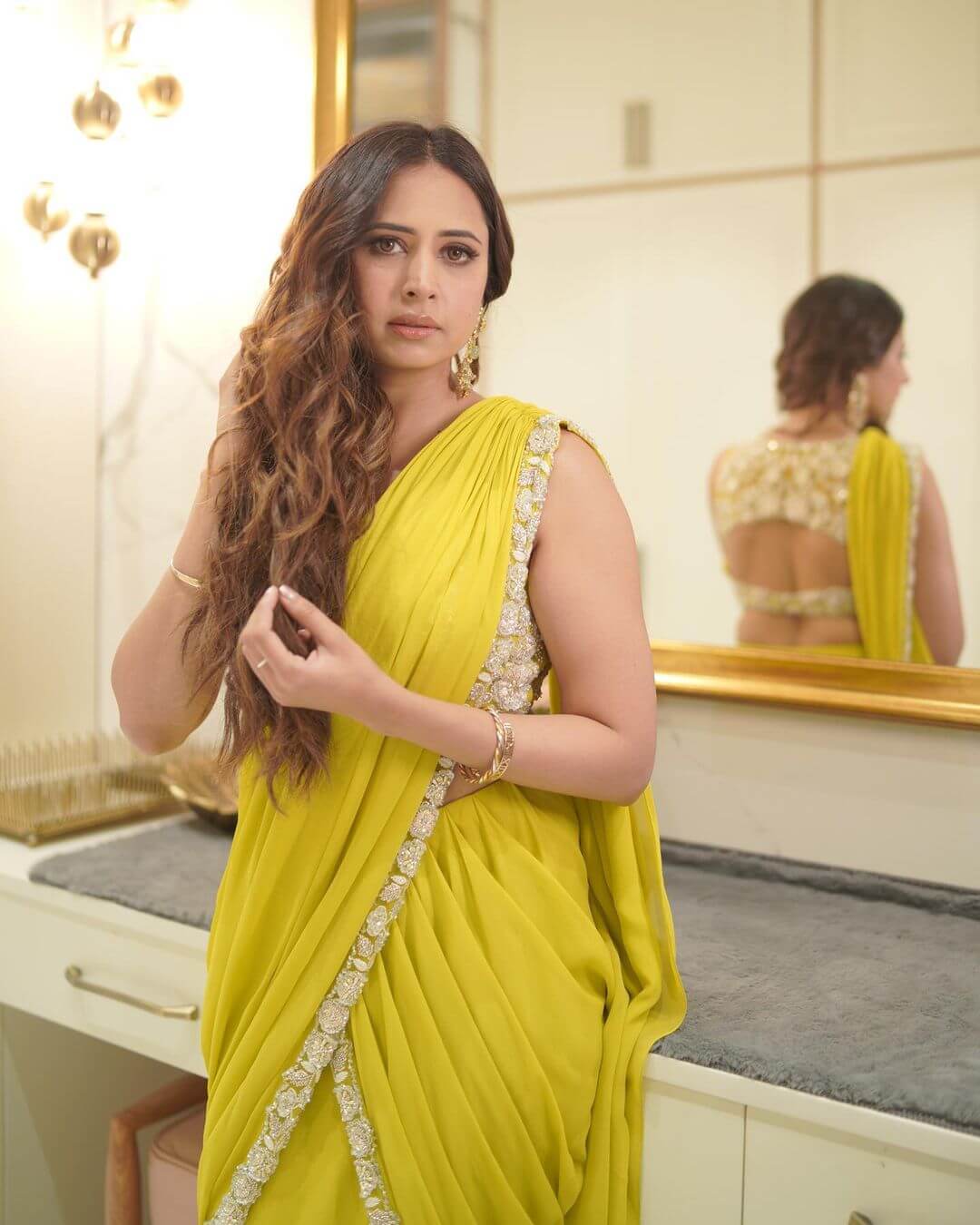 Laare Song Fame Sargun Mehta In Embellished Yellow Saree