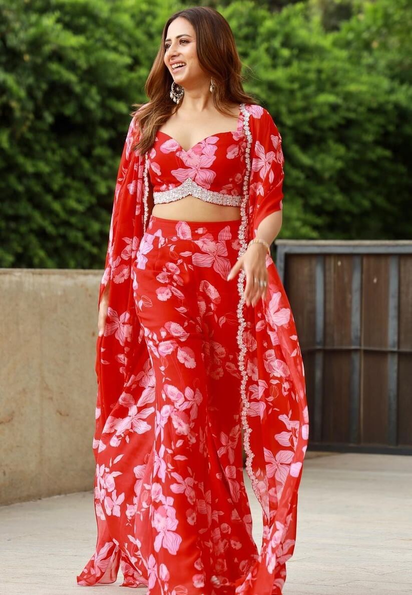 Moh Fame Sargun Mehta In Red Floral 3-Piece