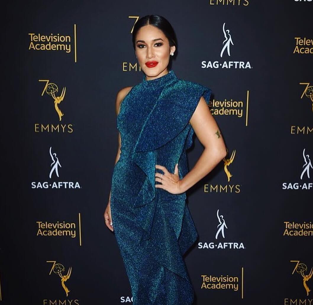 Q'orianka Kilcher In Shiny Blue Ruffle Dress Outfit