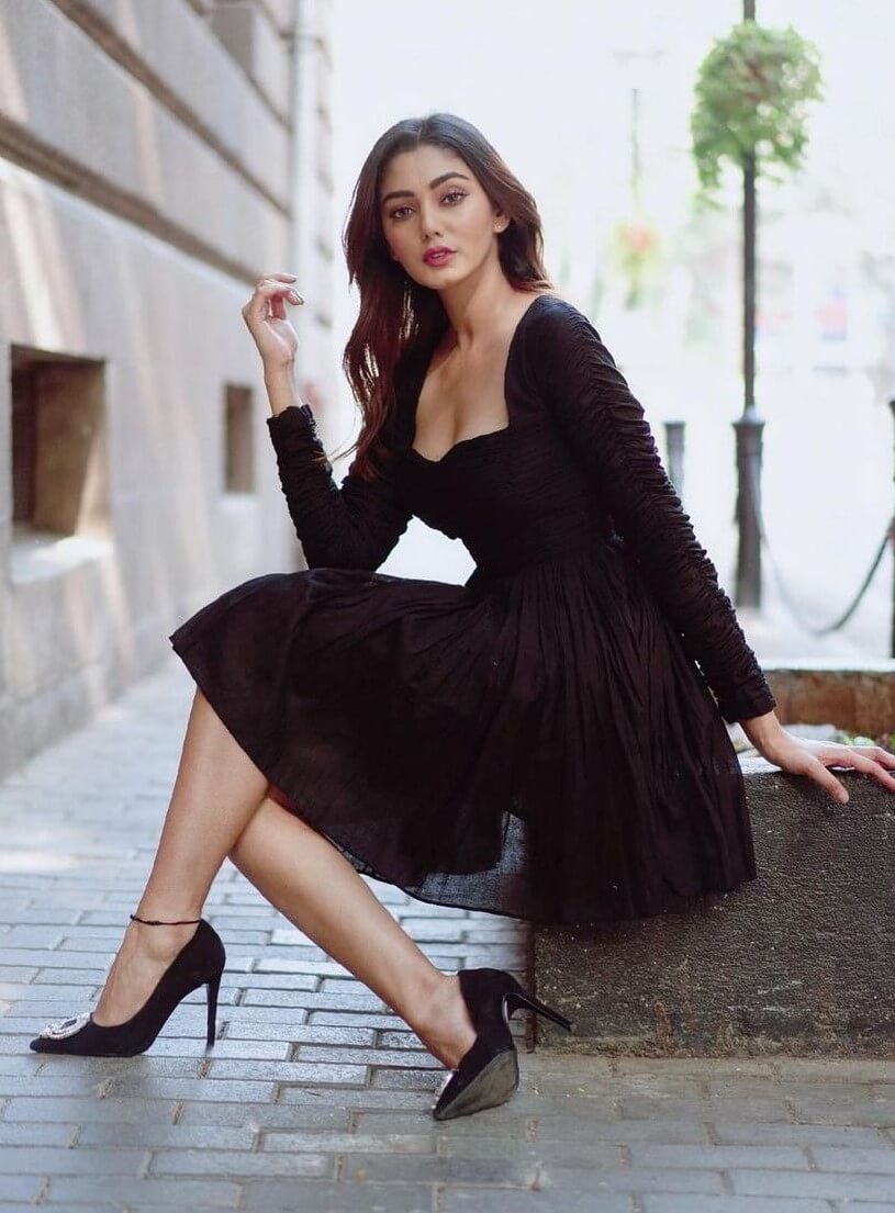 Sana Makbul In Black Full Sleeves Deep Neckline Fit & Flare Short Gown