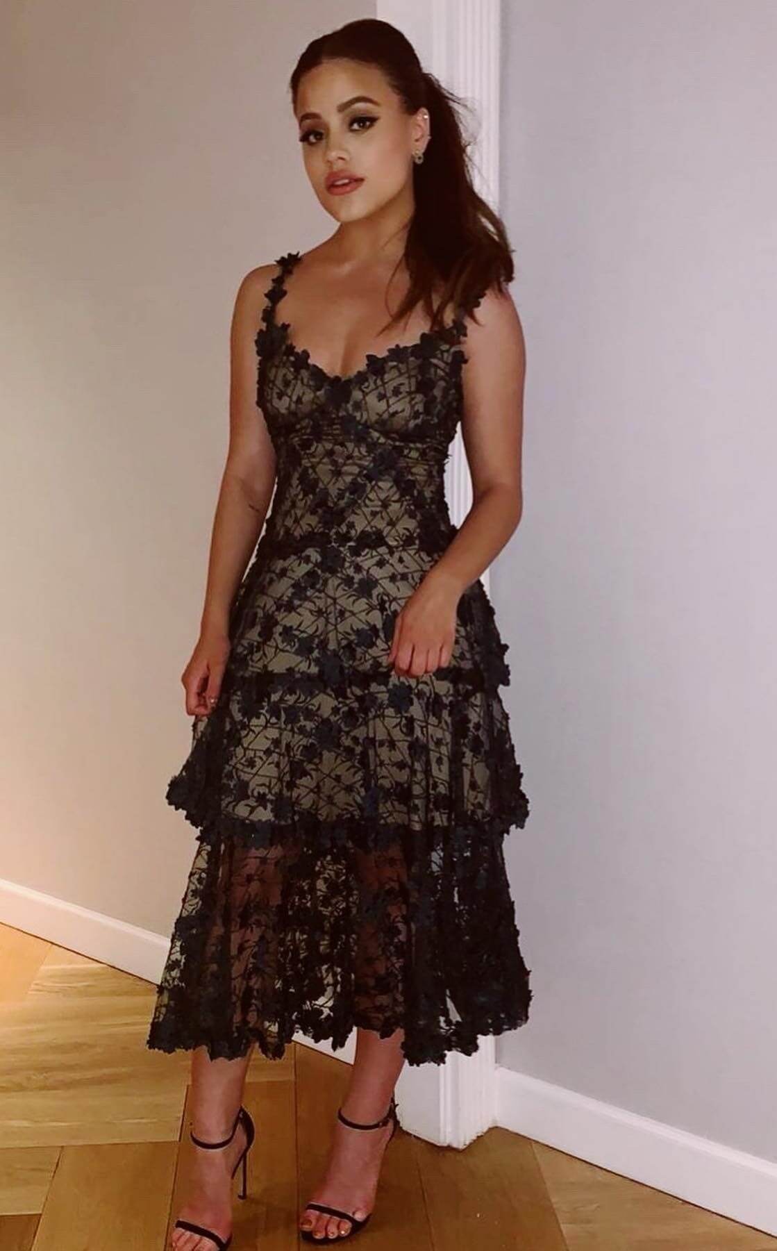 Sarah Jeffery In Black Strap Sleeves Lace Design Crochet Ruffle Dress Outfits