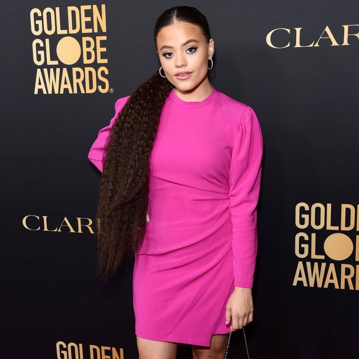 Sarah Jeffery In Pink Full Sleeves Pleated Short Dress