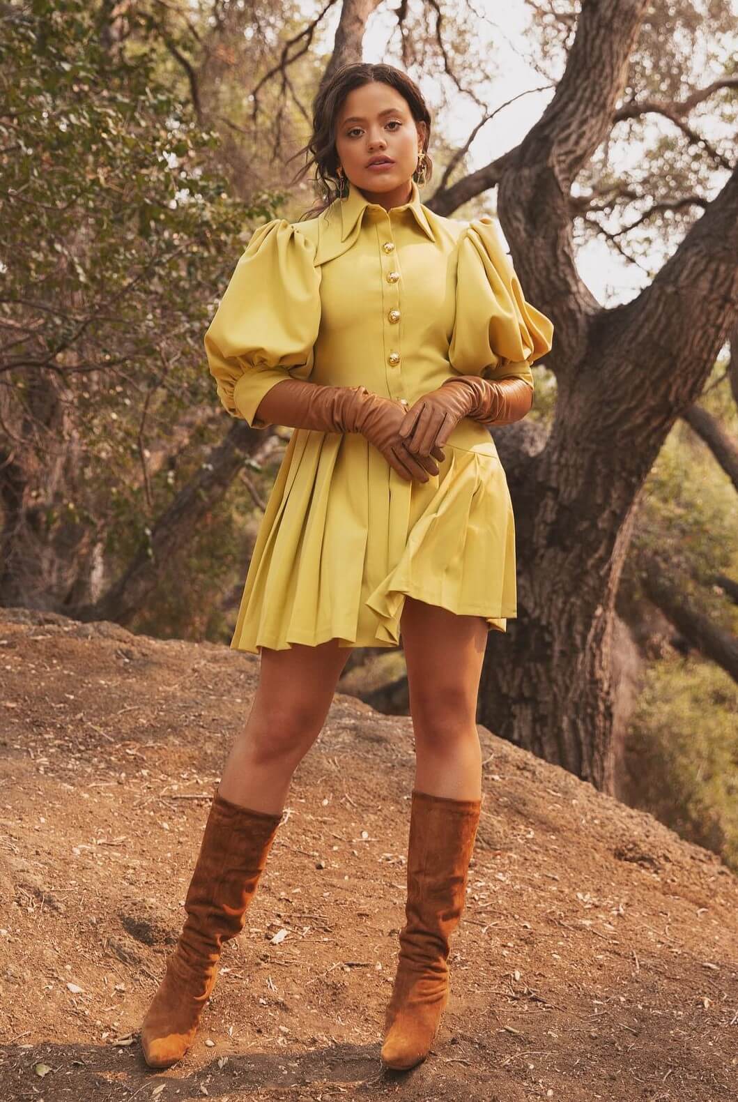 Sarah Jeffery In Yellow Baggy Sleeves Pleated  Short Dress With Long Boots