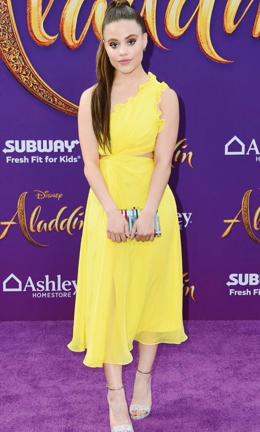Sarah Jeffery In Yellow  One Side Off Shoulder Cut Out Gown Outfit