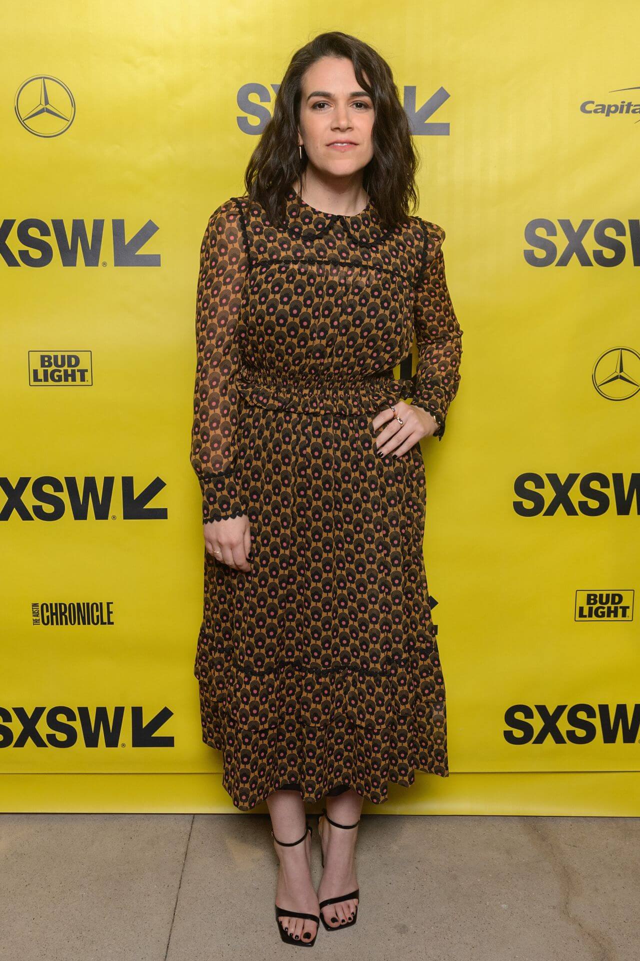 Abbi Jacobson In Olive Green Collar Neck Printed Long Ruffle Dress