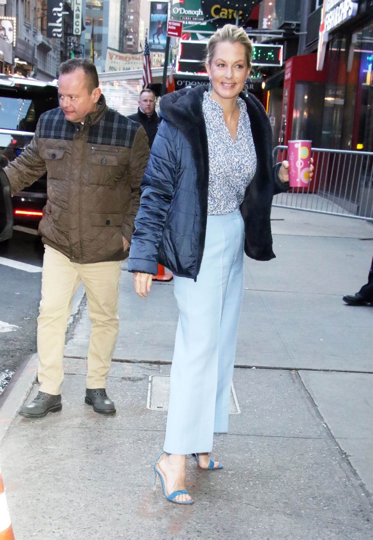 Ali Wentworth  -  In White Printed Top & Blue Bomber Jacket With Pants - At Good Morning America in New York