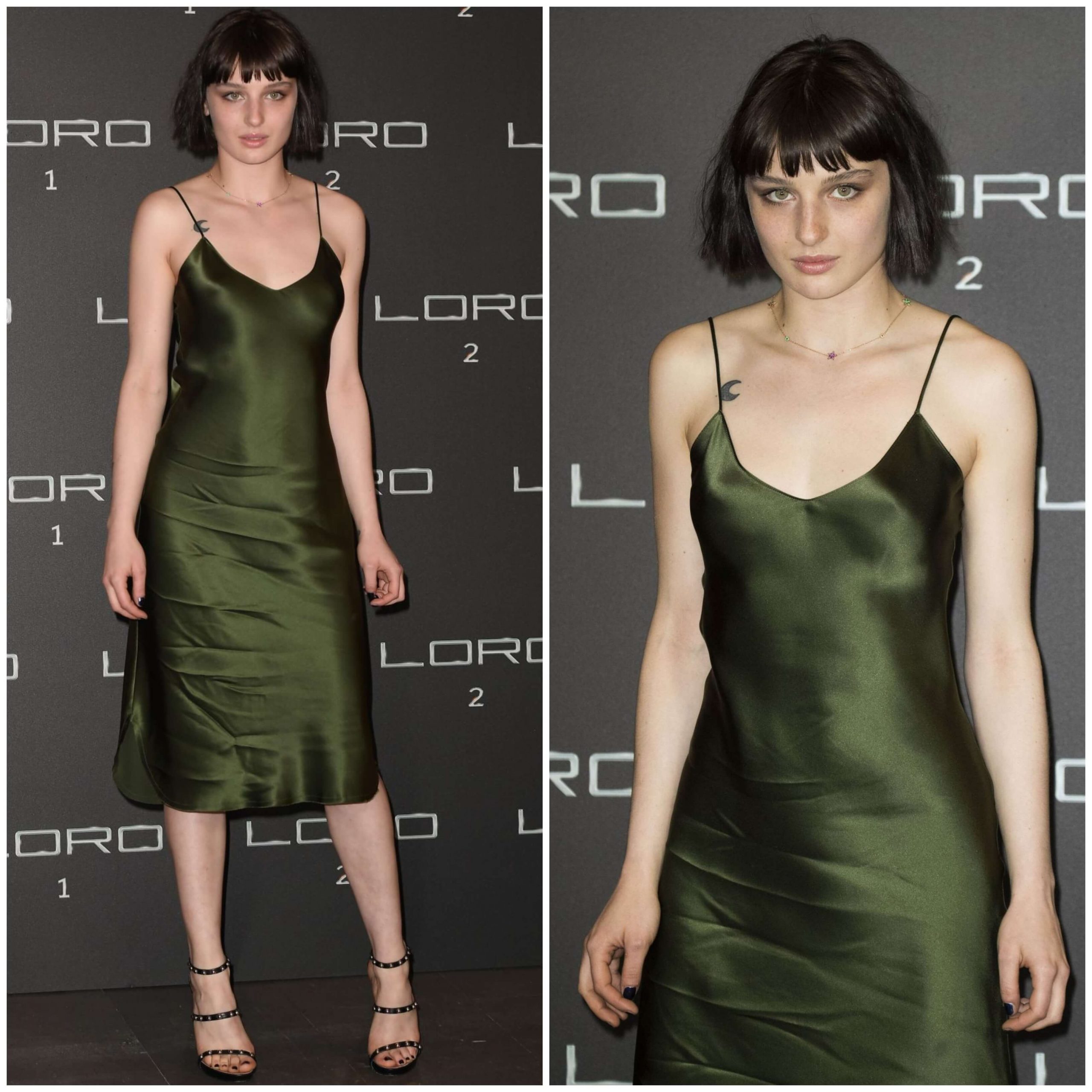 Alice Pagani In Satin Green Outfit At “Loro 2” Photocall in Rome