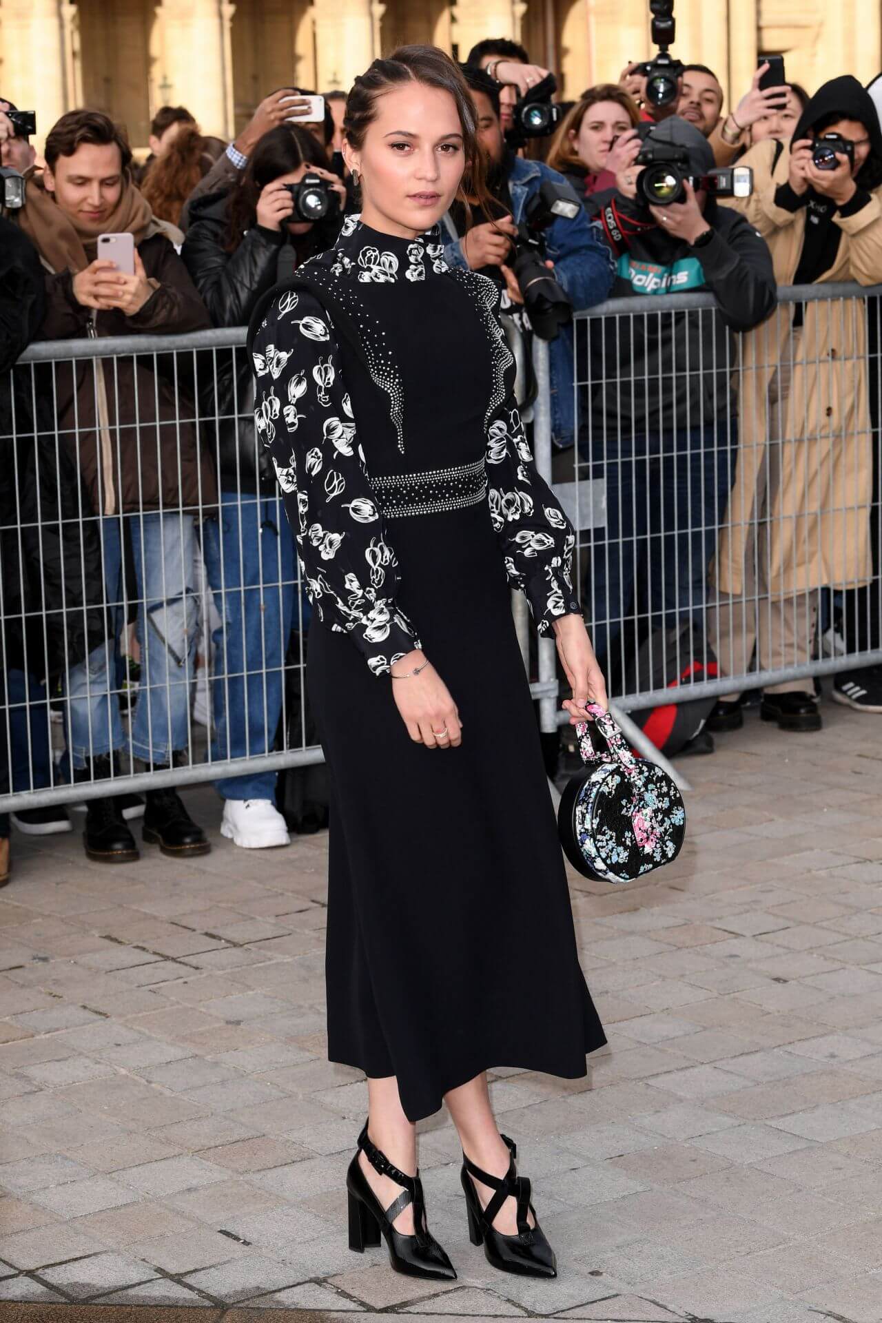 Alicia Vikander Gorgeous In Full Sleeves Printed High Neck Long Dress With Black Heels