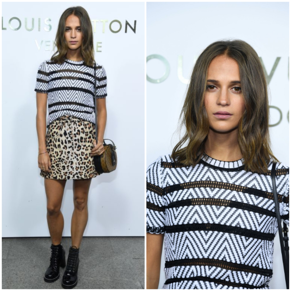 Alicia Vikander Lovely In White & Black Strip Top & Animal Print Mini Skirt With Sling Pouch