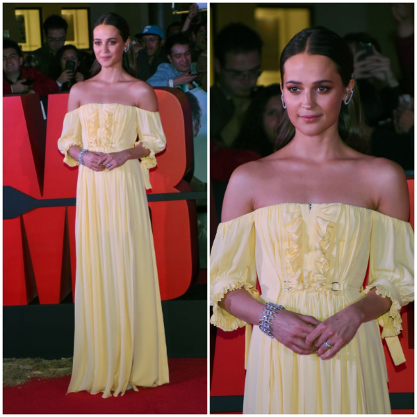 Alicia Vikander Beautiful Looks In Yellow Off-Shoulder Long Gown With Silver Bracelet