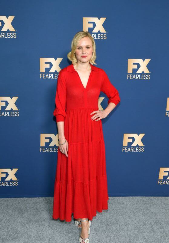 Alison Pill -  In Red  Hall Collar & Full Sleeves Long Ruffle Gown