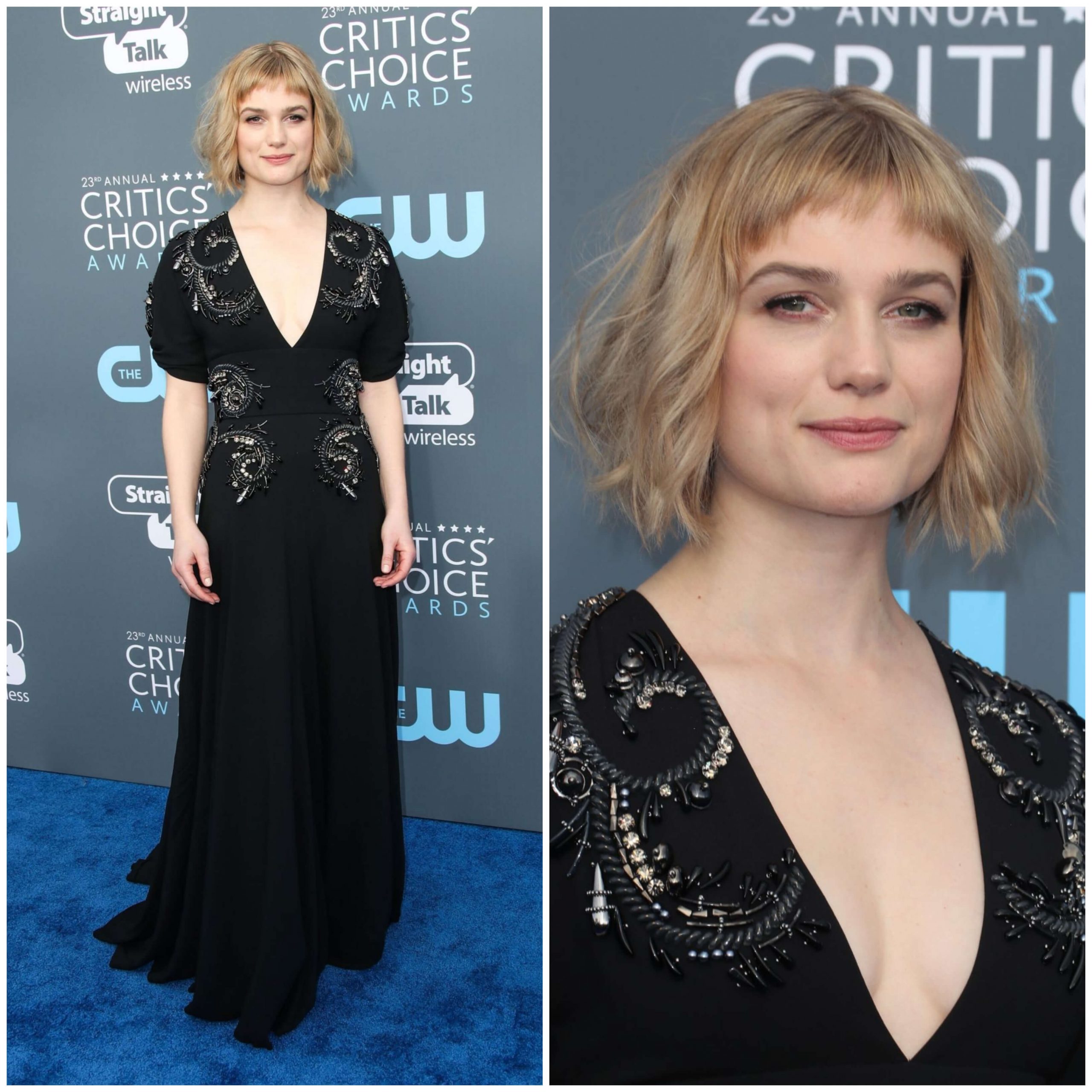 Alison Sudol - In Black Puffed Sleeves V Neckline Long Gown With Short Bang Hair