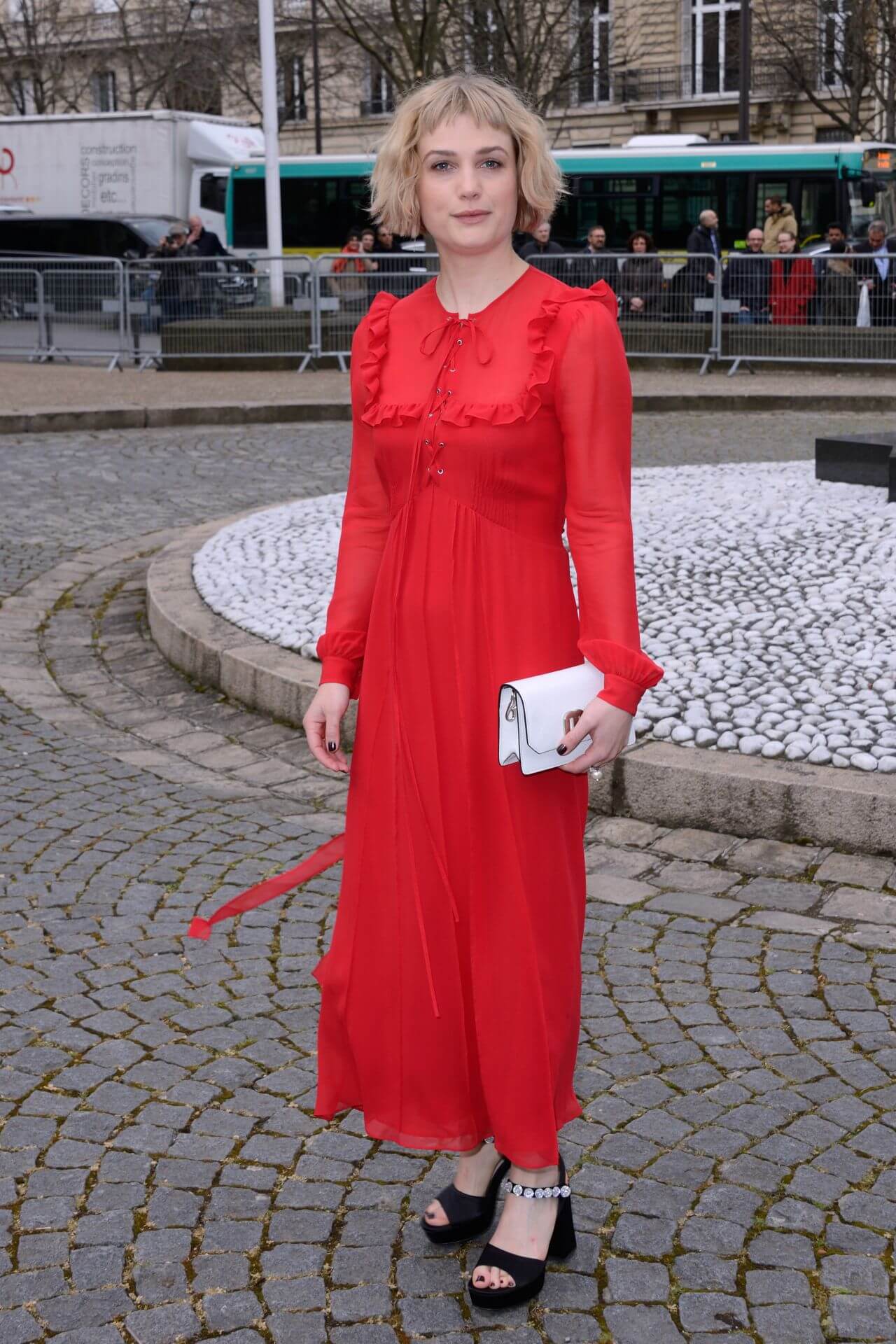 Alison Sudol - In Red  Full Sleeves Chiffon Long Maxi Dress