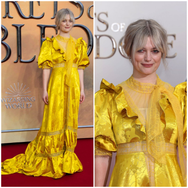 Alison Sudol - In Shiny Golden Yellow Half Baggy Sleeves  Long Ruffle Gown