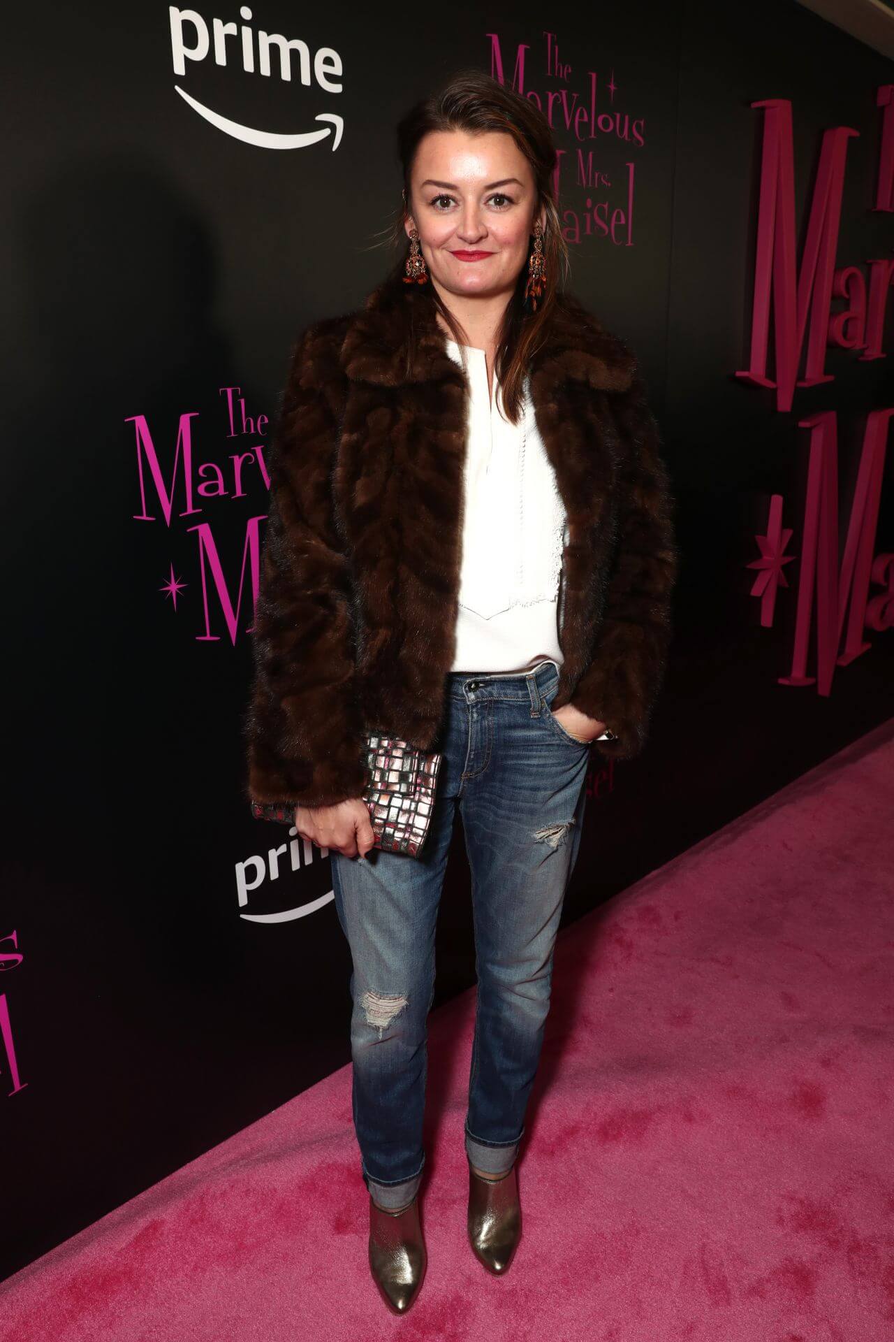 Alison Wright – Elegant In Brown  Fur Coat & White Top With Denim Jeans -  “The Marvelous Mrs. Maisel” TV Series Premiere in New York