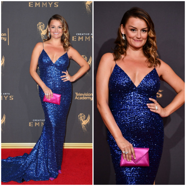 Alison Wright –In Blue Glittery Shiny Strap Sleeves Long Party Gown  With Pink Pouch-  Creative Arts Emmy Awards