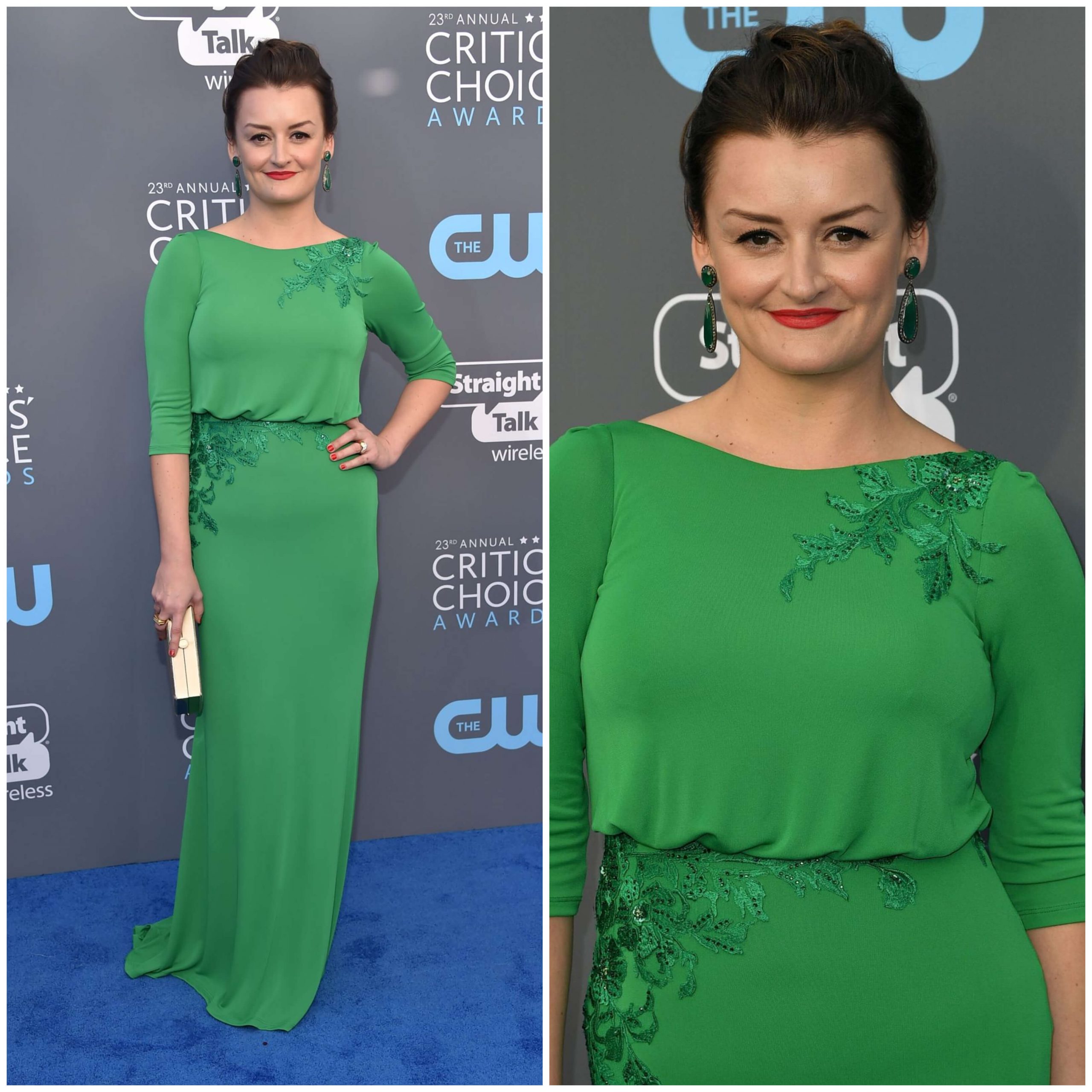 Alison Wright – In Green Half Quarter Sleeves With Floral Thread Work Long Gown - 2018 Critics’ Choice Awards
