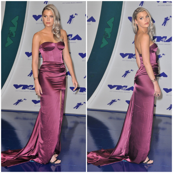 Alissa Violet – In Purple Shiny Sweetheart Neckline Slit Cut Long Gown -  MTV Video Music Awards in Los Angeles