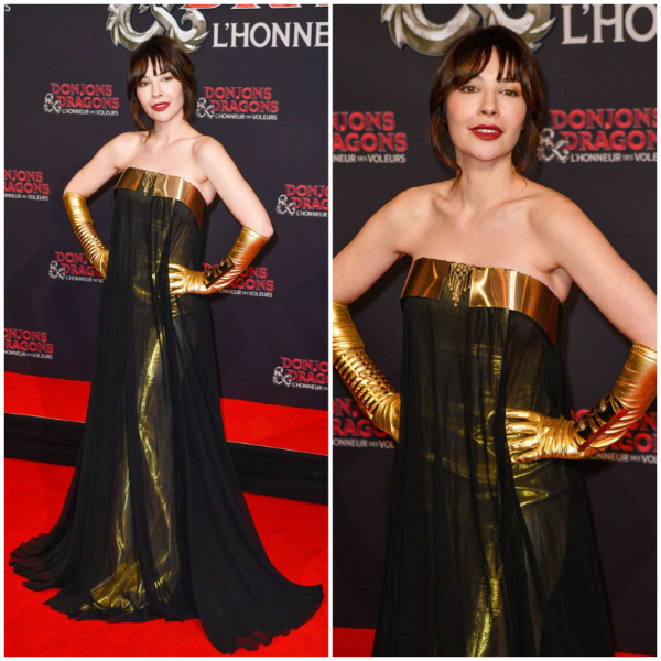 Alix Benezech – In Golden Shiny Gloves Off Shoulder Black Sheering Long Gown - Lon “Dungeons And Dragons: Honor Among Thieves” Premiere in Paris