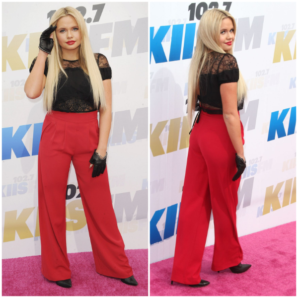 Alli Simpson – Bold In Black Half Sleeves Net Top & Red Pants With Hand Gloves