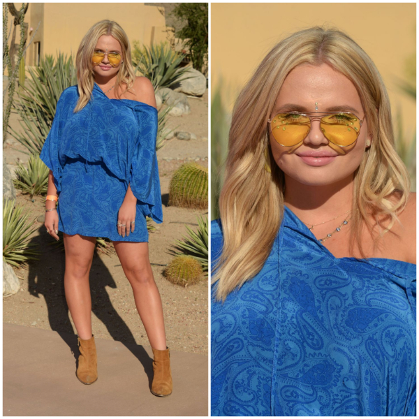 Alli Simpson  - In Blue Baggy Sleeves Short Dress With Yellow Sunglasses - At Paper x Pretty Little Thing Event
