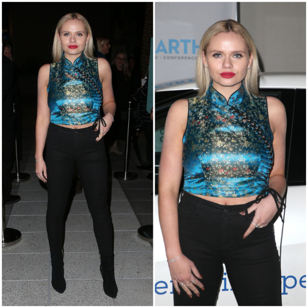 Alli Simpson – In Blue Shiny Printed Collar Crop Top With Black Jeans - 2018 Academy Awards Global Green Pre-Oscars Party