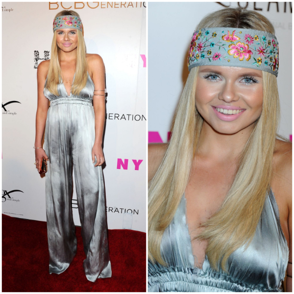 Alli Simpson – In Grey Silver Shiny Strap Sleeves Long Jumpsuits  With Multicolor Head Bands-  NYLON Young Hollywood Party