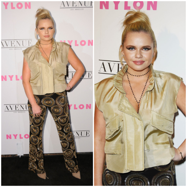 Alli Simpson –In Satin Collar Sleeveless Top With Golden Textured Long Pants - NYLON Young Hollywood Party