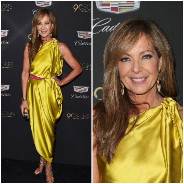 Allison Janney - Charming In Golden Yellow One Side Shoulder Sleeves Dhoti Style Outfits With Pink Belt