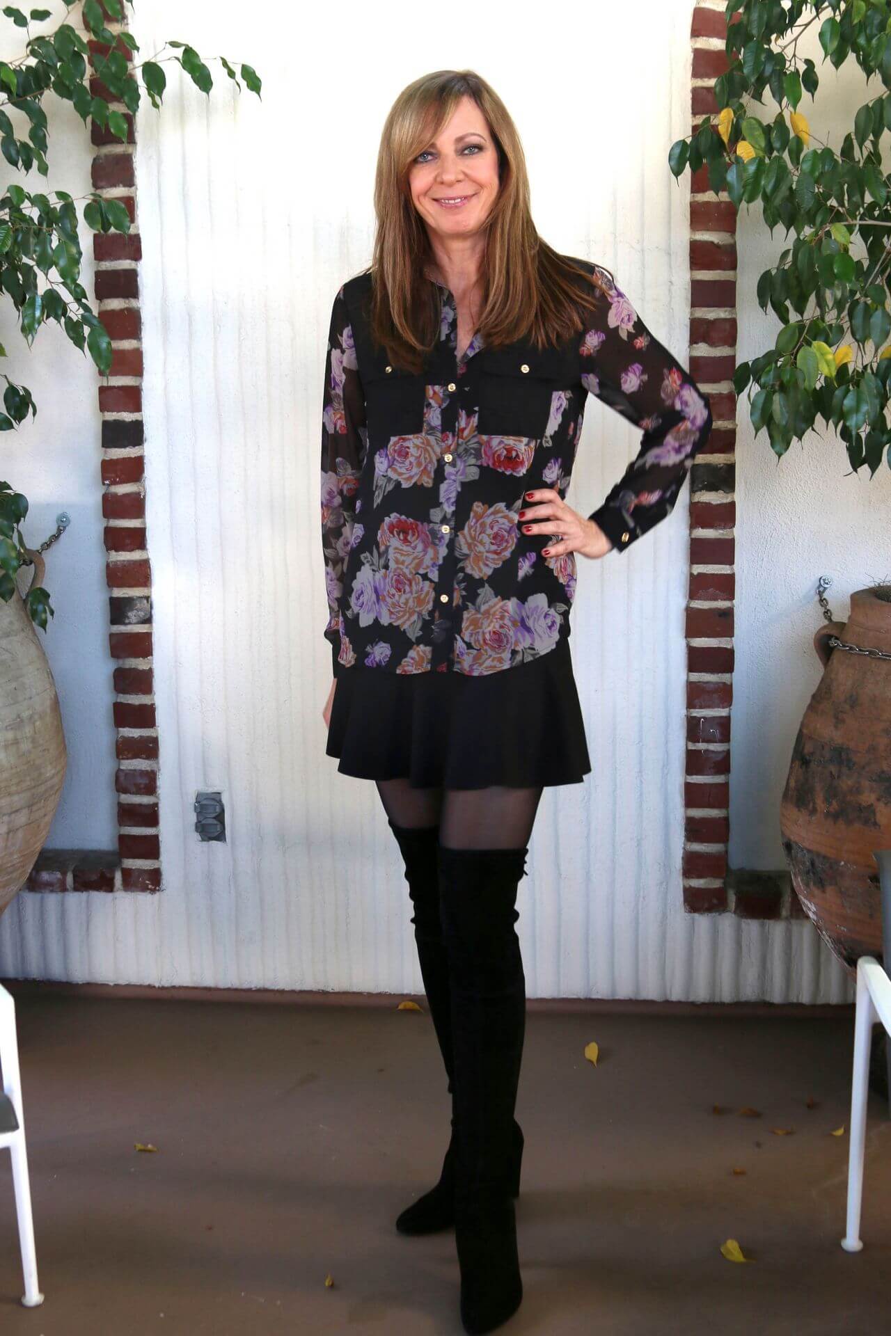 Allison Janney - In Black Floral Printed Full Sleeves Shirt With Mini Skirt