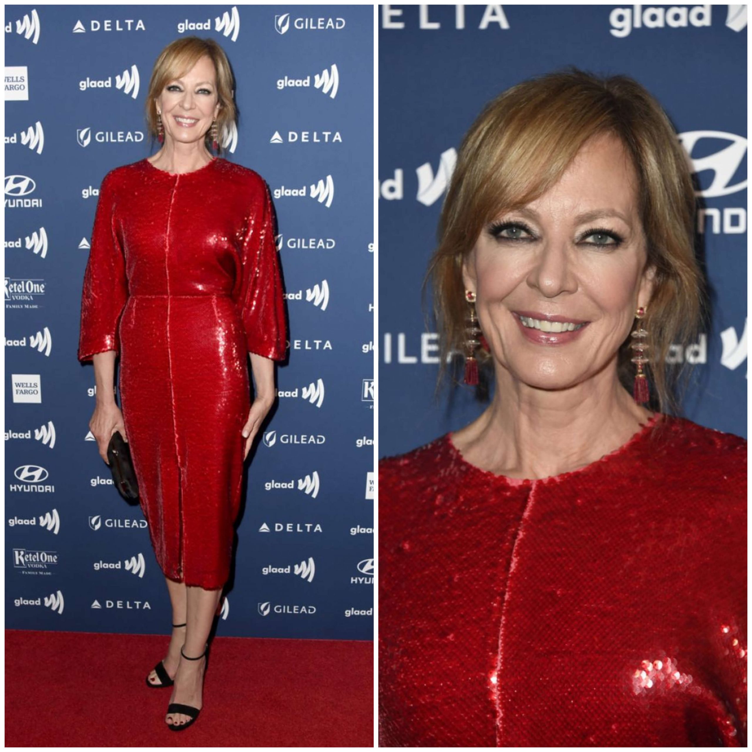Allison Janney - In Red Shimmery  Sequence  Bodycon Dress With Black Heels