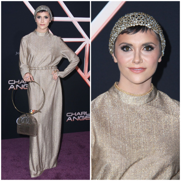 Alyson Stoner - In Golden Shiny High Neck Full SleevesLong Dress With Sequence Cap