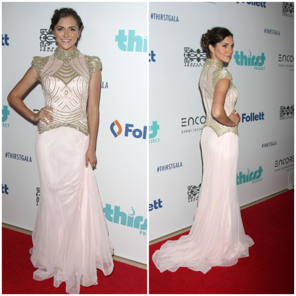 Alyson Stoner - In Dusky Pink Hall Sleeves Golden Stone Embroidery Fit & Flare Gown