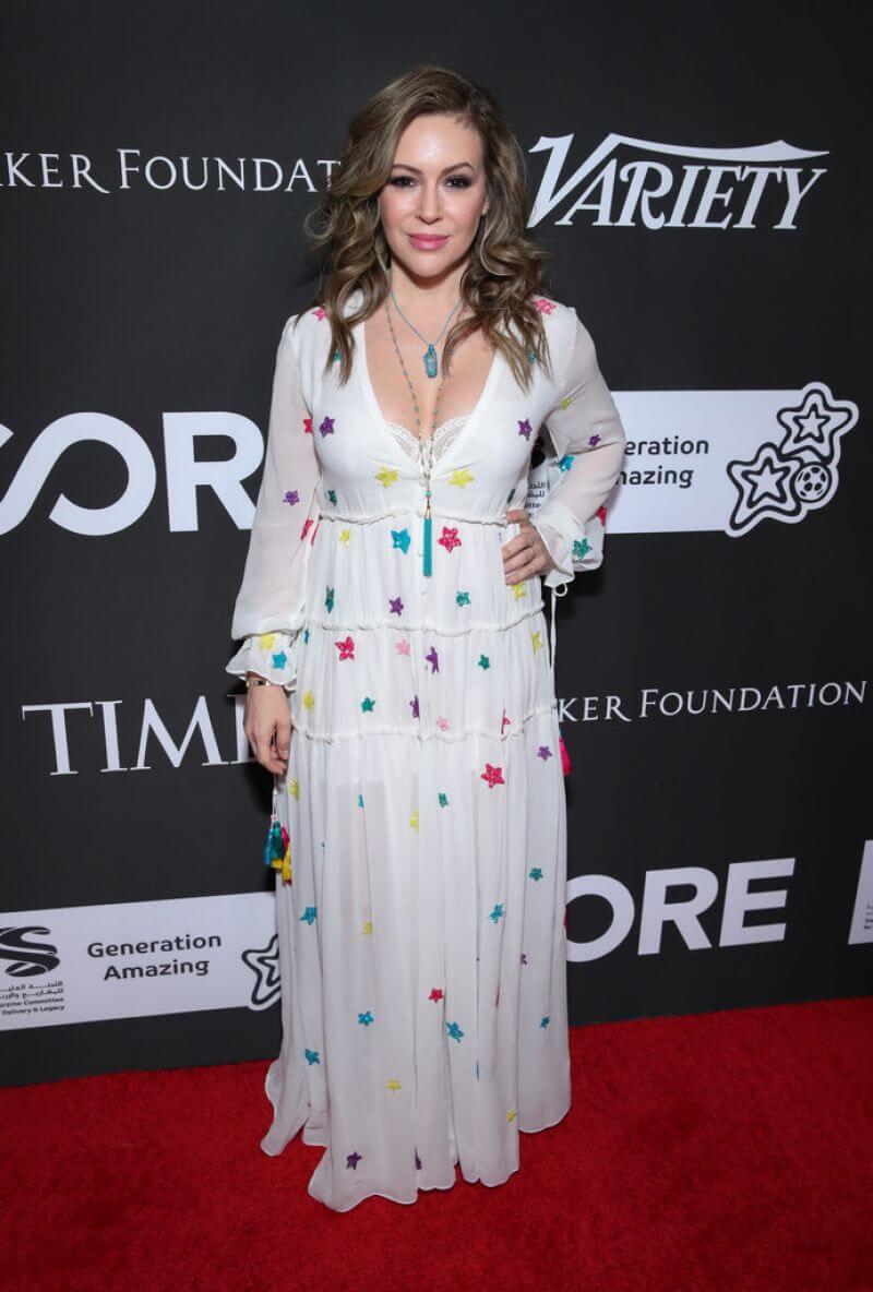 Alyssa Milano - Beautiful In White Sheering Colorful Star Embroidery Long Gown