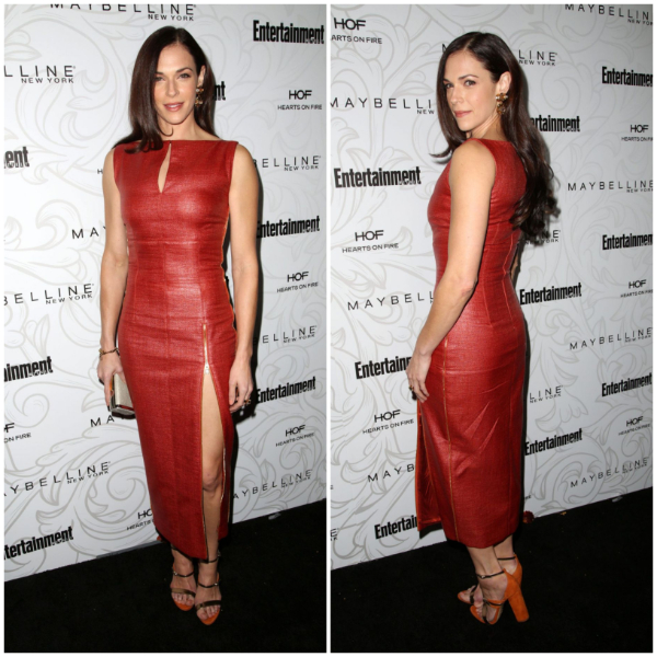 Amanda Righetti In Red Shiny  Zipped Long Dress At EW Celebration of SAG Award Nominees in Los Angeles