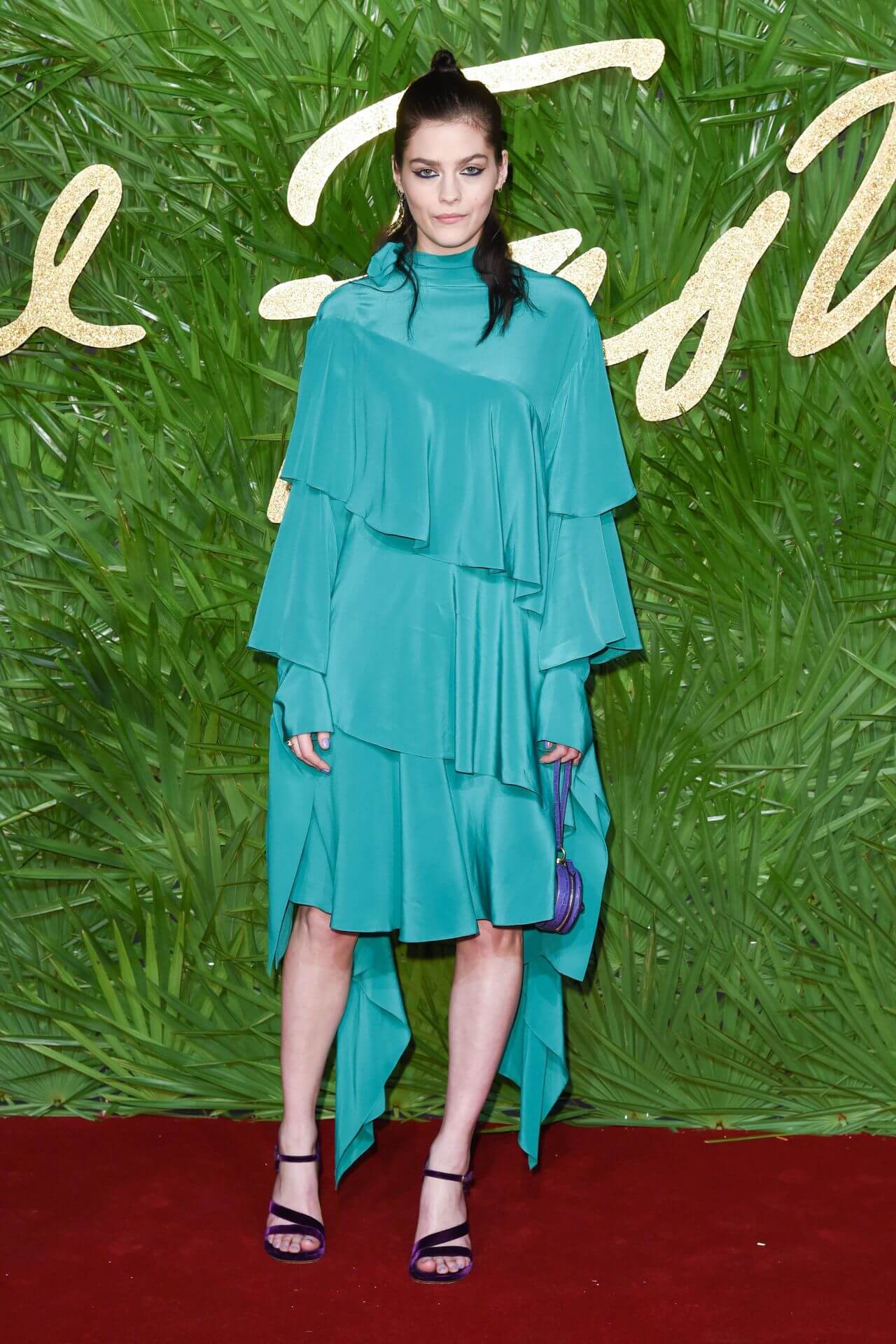 Amber Anderson In Green Layered  Full Sleeves Ruffle Dress At Fashion Awards in London