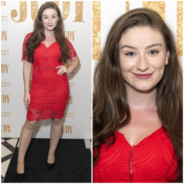 Amber Doig-Thorne Hot In Red Lace Flower Design Half Sleeves Bodycon Dress At“Judy” Screening in London