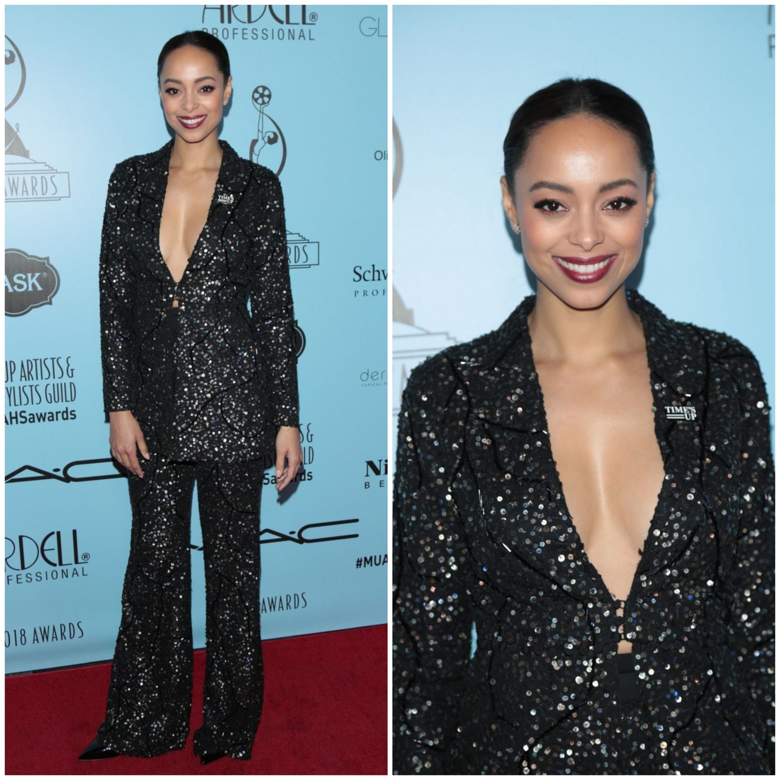 Amber Stevens West In Black Shimmery Sequence Blazer With Pants Outfits At Make-Up Artist & Hair Stylist Guild Awards in LA