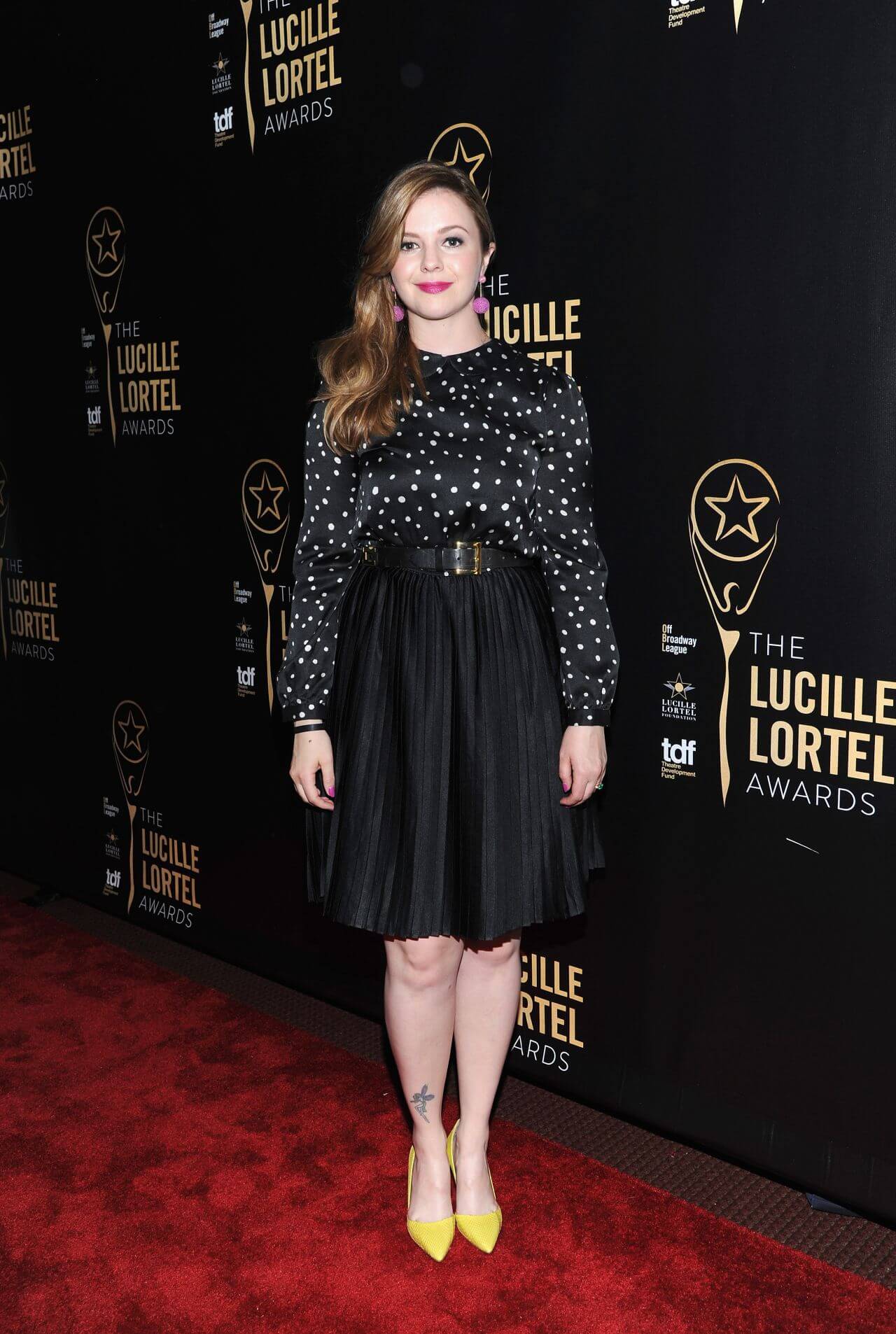 Amber Tamblyn  In Black Polka Dot Full Sleeves Top With Skirt Outfits At Lucille Lortel Awards in New York City