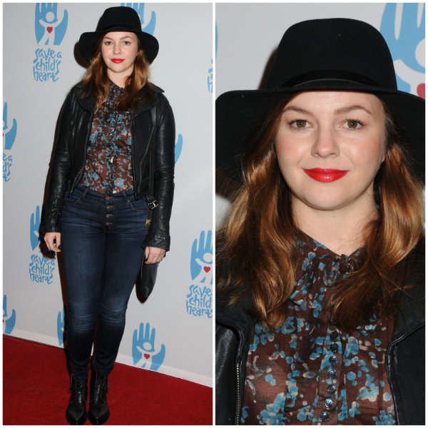 Amber Tamblyn  In a Printed Satin Shirt & Leather Jacket With Blue Denim Jeans At Save A Child’s Heart Celebration & Honorary Ceremony in Los Angeles