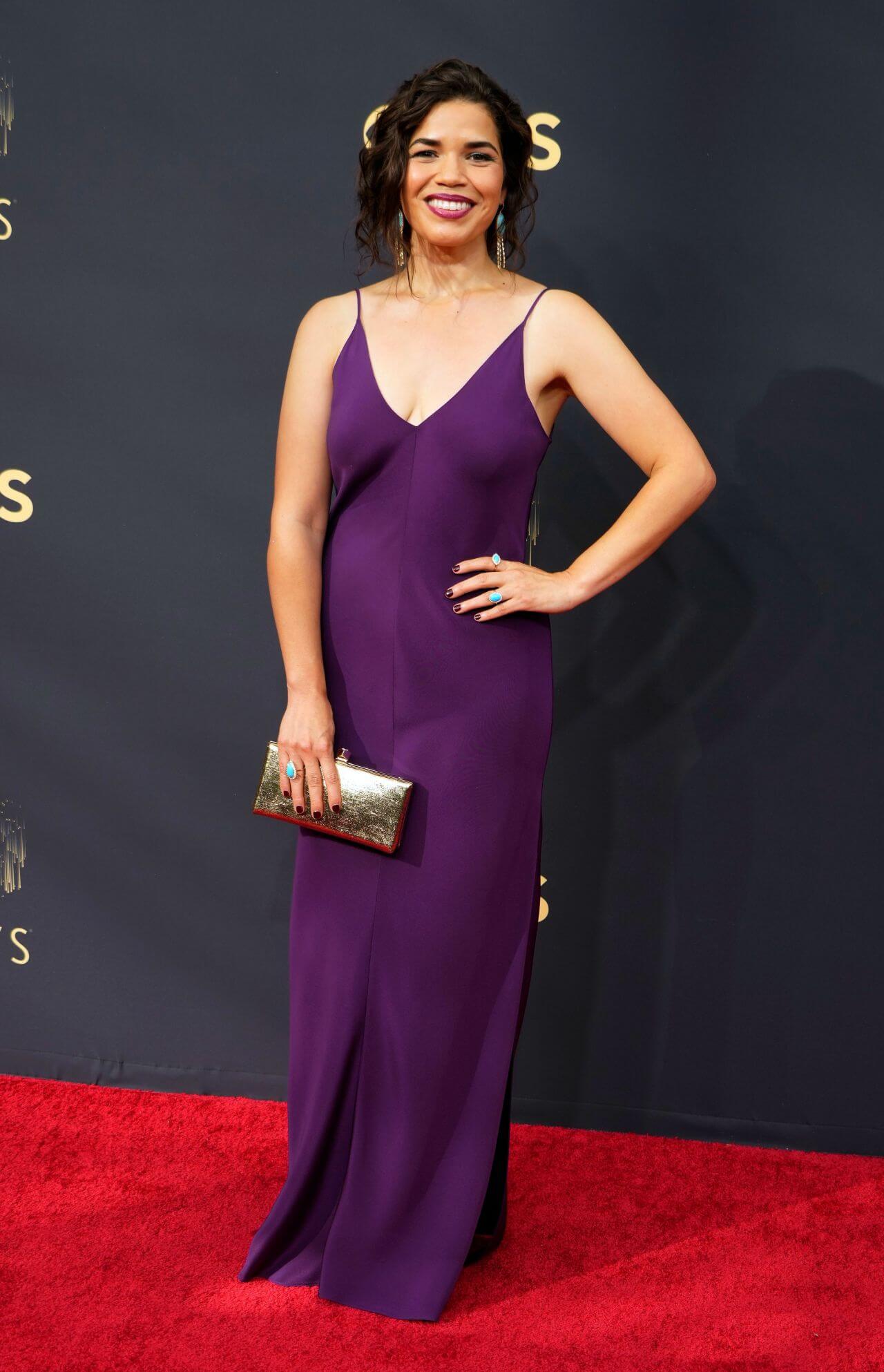 America Ferrera In Purple Strap SleeveLong Dress At Emmy Awards