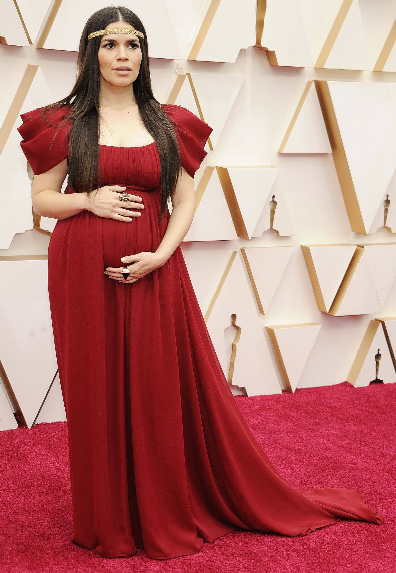 America Ferrera In Red Flare Half Sleeves Long Gown At Oscars Red Carpet